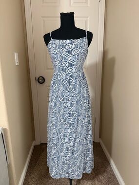 H&M Navy & White Wave-Print Spaghetti Strap Maxi Dress